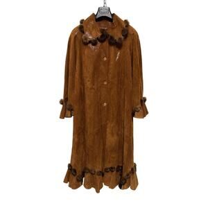 Toppolino Coat Womens Brown Suede Leather Fur Pom Pom Trim Button Long